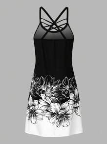 EMERY ROSE Women's Criss-Cross V-Neck Colorful Floral Printed Sleeveless Dress