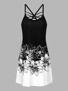 EMERY ROSE Women's Criss-Cross V-Neck Colorful Floral Printed Sleeveless Dress