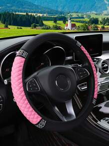 MEIKAXIU 1pc PU Leather 3D Embroidery With Rhinestone Car Steering Wheel Cover (No Inner Ring) Blingbling Style For Women, Suitable For 14.5-15 Inches Car Accessories