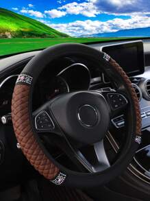 MEIKAXIU 1pc PU Leather 3D Embroidery With Rhinestone Car Steering Wheel Cover (No Inner Ring) Blingbling Style For Women, Suitable For 14.5-15 Inches Car Accessories