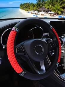 MEIKAXIU 1pc PU Leather 3D Embroidery With Rhinestone Car Steering Wheel Cover (No Inner Ring) Blingbling Style For Women, Suitable For 14.5-15 Inches Car Accessories