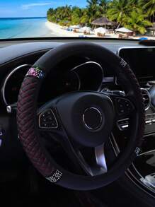MEIKAXIU 1pc PU Leather 3D Embroidery With Rhinestone Car Steering Wheel Cover (No Inner Ring) Blingbling Style For Women, Suitable For 14.5-15 Inches Car Accessories