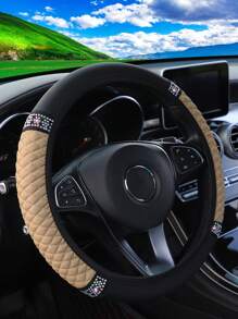 MEIKAXIU 1pc PU Leather 3D Embroidery With Rhinestone Car Steering Wheel Cover (No Inner Ring) Blingbling Style For Women, Suitable For 14.5-15 Inches Car Accessories