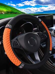 MEIKAXIU 1pc PU Leather 3D Embroidery With Rhinestone Car Steering Wheel Cover (No Inner Ring) Blingbling Style For Women, Suitable For 14.5-15 Inches Car Accessories