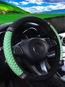 MEIKAXIU 1pc PU Leather 3D Embroidery With Rhinestone Car Steering Wheel Cover (No Inner Ring) Blingbling Style For Women, Suitable For 14.5-15 Inches Car Accessories
