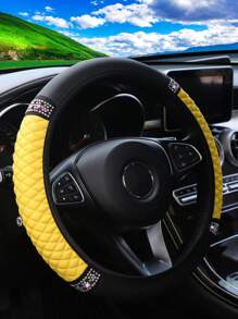 MEIKAXIU 1pc PU Leather 3D Embroidery With Rhinestone Car Steering Wheel Cover (No Inner Ring) Blingbling Style For Women, Suitable For 14.5-15 Inches Car Accessories