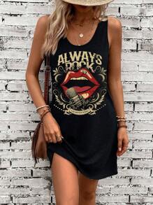 SHEIN LUNE Casual & Simple Lips Pattern Sleeveless Dress Suitable For Summer Suitable For Going Out Chic Dress,Casual
