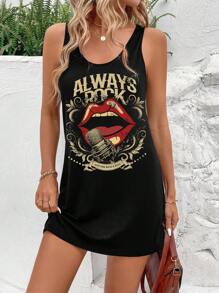 SHEIN LUNE Casual & Simple Lips Pattern Sleeveless Dress Suitable For Summer Suitable For Going Out Chic Dress,Casual