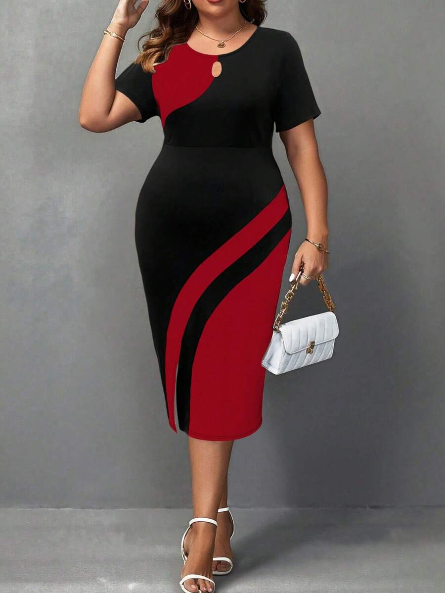 Plus size haljina sa koloblock dizajnom i izrezom