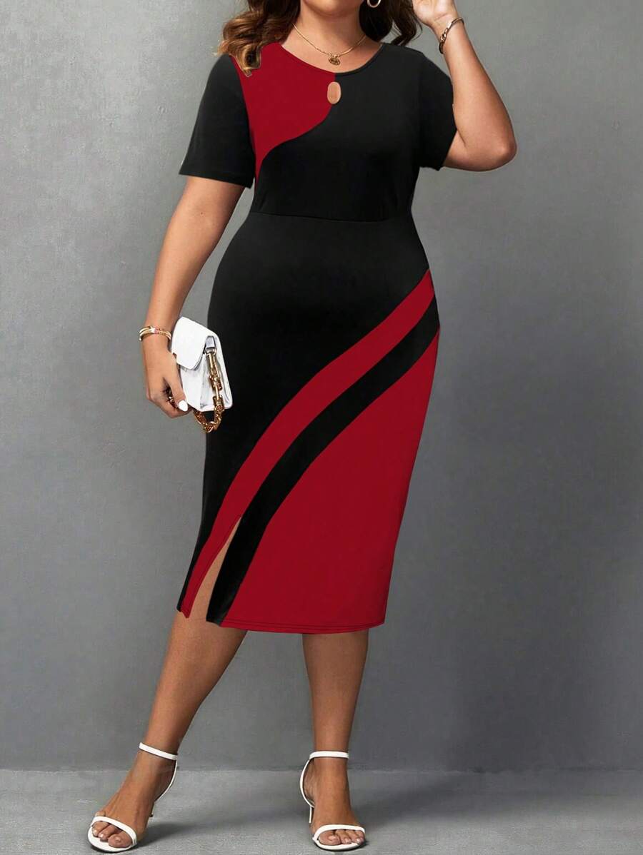 Plus size haljina sa koloblock dizajnom i izrezom
