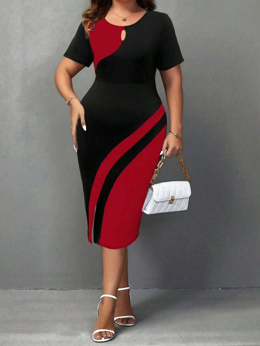 Plus size haljina sa koloblock dizajnom i izrezom