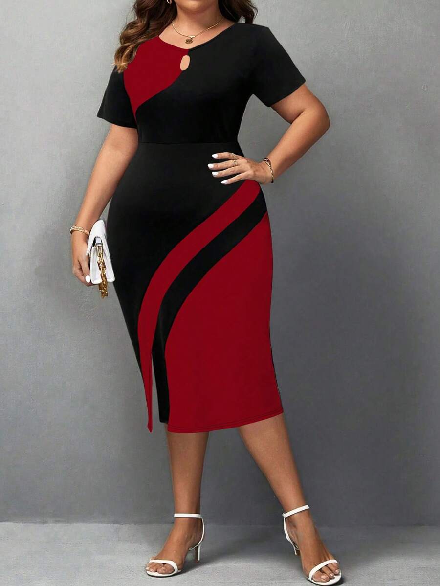 Plus size haljina sa koloblock dizajnom i izrezom