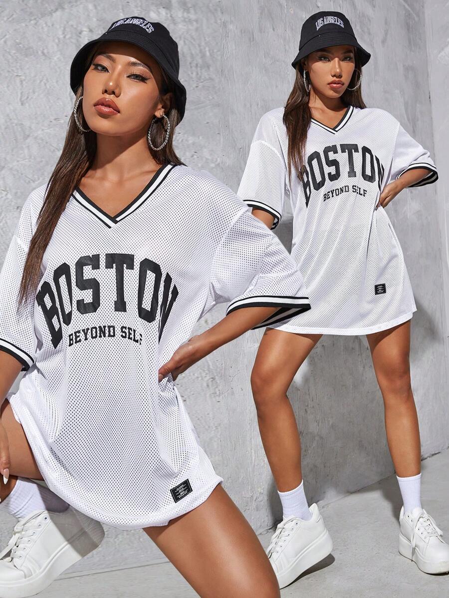 SHEIN EZwear Women's Jersey Letter Graphic Sheer Dress