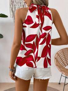 Breezaya Casual - Vacation Casual Casual - Modern Casual Random Print Halter Leaf Bow Back Shirt