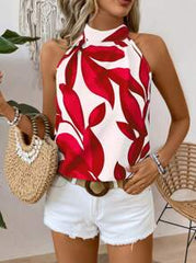 Breezaya Casual - Vacation Casual Casual - Modern Casual Random Print Halter Leaf Bow Back Shirt