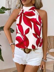 Breezaya Casual - Vacation Casual Casual - Modern Casual Random Print Halter Leaf Bow Back Shirt