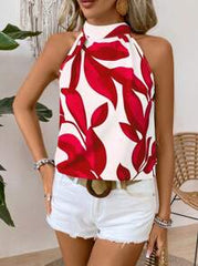 Breezaya Casual - Vacation Casual Casual - Modern Casual Random Print Halter Leaf Bow Back Shirt