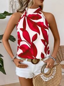 Breezaya Casual - Vacation Casual Casual - Modern Casual Random Print Halter Leaf Bow Back Shirt