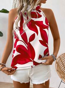 Breezaya Casual - Vacation Casual Casual - Modern Casual Random Print Halter Leaf Bow Back Shirt
