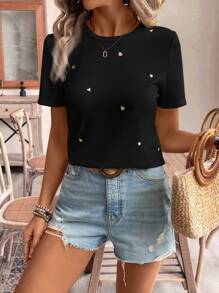 SHEIN Frenchy Women's Thread Embroidery Heart Print Short Sleeve T-Shirt