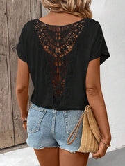 Elouméa Women's Summer Solid Color Round Neck Short Sleeve Hollow Back Casual T-Shirt