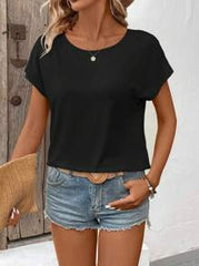 Elouméa Women's Summer Solid Color Round Neck Short Sleeve Hollow Back Casual T-Shirt