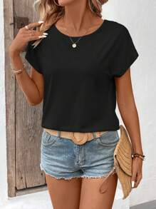 Elouméa Women's Summer Solid Color Round Neck Short Sleeve Hollow Back Casual T-Shirt