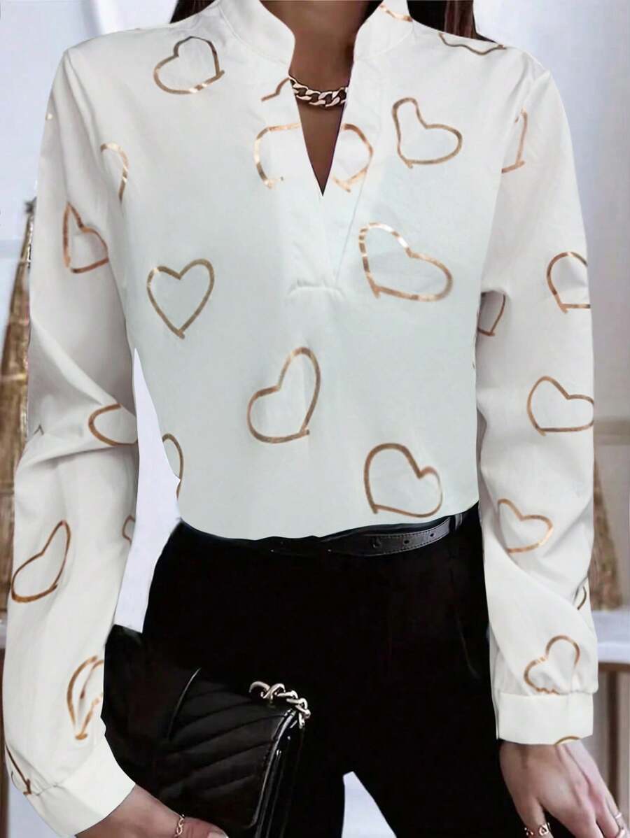 SHEIN Ladies' Gold Foil Heart Print Long Sleeve Shirt, Long Sleeve Tops Fall Cloth For Women
