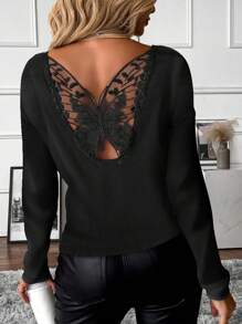 EMERY ROSE Women's Contrast Lace Long Sleeve T-Shirt, Ribbed Tee For Spring Fall For Women