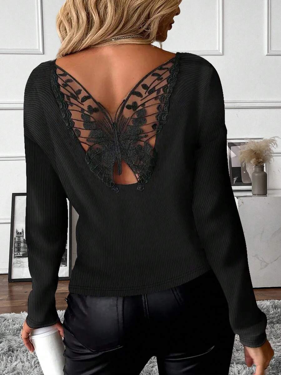EMERY ROSE Women's Contrast Lace Long Sleeve T-Shirt, Ribbed Tee For Spring Fall For Women