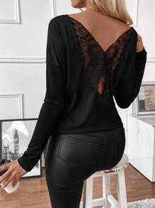 EMERY ROSE Women's Contrast Lace Long Sleeve T-Shirt, Ribbed Tee For Spring Fall For Women