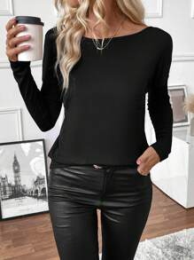 EMERY ROSE Women's Contrast Lace Long Sleeve T-Shirt, Ribbed Tee For Spring Fall For Women