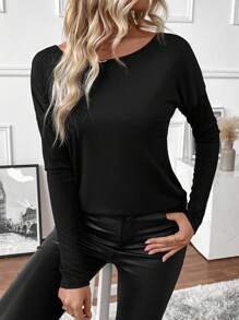 EMERY ROSE Women's Contrast Lace Long Sleeve T-Shirt, Ribbed Tee For Spring Fall For Women