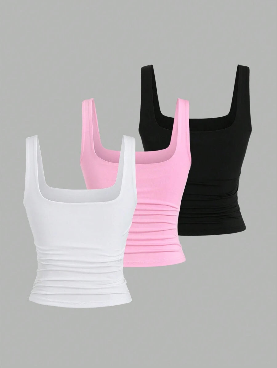 Sweetra Ženska Letnja Majica – Kvadratni Izrez, Nabran Slim Fit Casual Top
