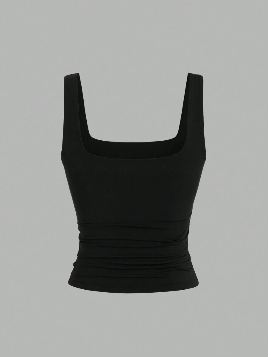 Sweetra Ženska Letnja Majica – Kvadratni Izrez, Nabran Slim Fit Casual Top