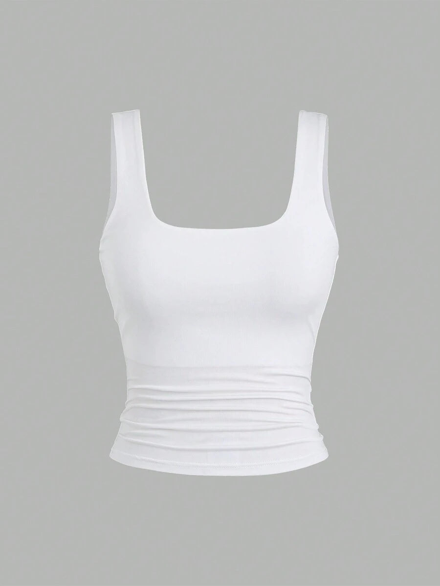 Sweetra Ženska Letnja Majica – Kvadratni Izrez, Nabran Slim Fit Casual Top