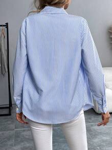 Pariaura Embroidered Stripe Lapel Long Sleeve Button-Down Casual Shirt,Long Sleeve Tops Fall Cloth For Women