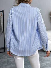 Pariaura Embroidered Stripe Lapel Long Sleeve Button-Down Casual Shirt,Long Sleeve Tops Fall Cloth For Women