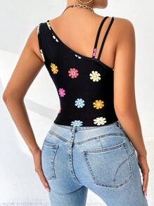 SHEIN Essnce Women Floral Print Asymmetric Collar Sleeveless Fitted Blouse, Summer