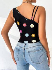 SHEIN Essnce Women Floral Print Asymmetric Collar Sleeveless Fitted Blouse, Summer