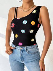 SHEIN Essnce Women Floral Print Asymmetric Collar Sleeveless Fitted Blouse, Summer