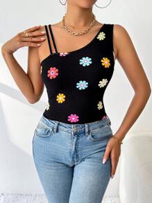 SHEIN Essnce Women Floral Print Asymmetric Collar Sleeveless Fitted Blouse, Summer