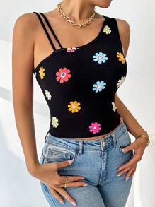 SHEIN Essnce Women Floral Print Asymmetric Collar Sleeveless Fitted Blouse, Summer