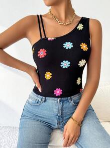 SHEIN Essnce Women Floral Print Asymmetric Collar Sleeveless Fitted Blouse, Summer