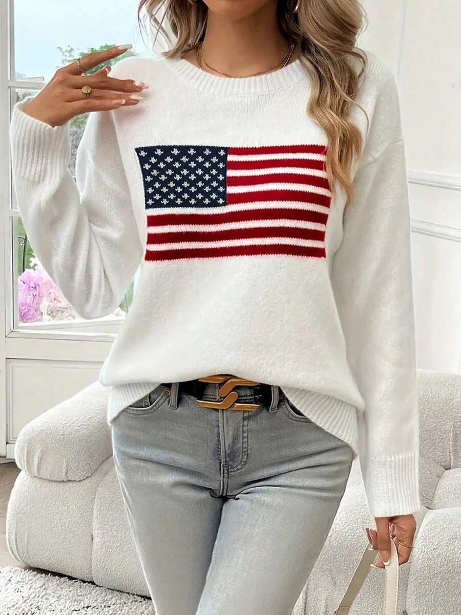 Ležerni beli jesenji džemper sa okruglim izrezom, žakard pleten, sa američkom zastavom