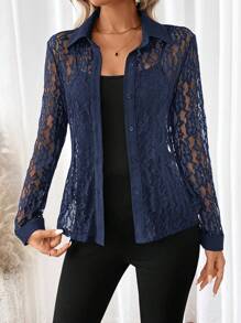 SHEIN Clasi Women's Spring & Summer Lace Long Sleeve Slim Fit Blouse