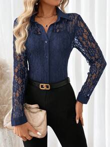 SHEIN Clasi Women's Spring & Summer Lace Long Sleeve Slim Fit Blouse