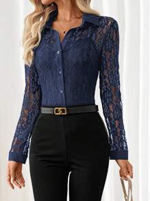 SHEIN Clasi Women's Spring & Summer Lace Long Sleeve Slim Fit Blouse