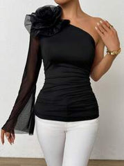SHEIN Clasi Women's Sexy Asymmetrical Shoulder Rose Flower Decor Mesh Long Sleeve T-Shirt Fall Cloth For Women