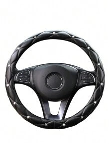 MEIKAXIU 1pc Faux Sheep Skin Plush Rhinestoned Bling Bling Car Steering Wheel Cover With Inner Lining, Fits 14.5-15 Inch Round Steering Wheel, Black, Unisex, Car Accessories Women